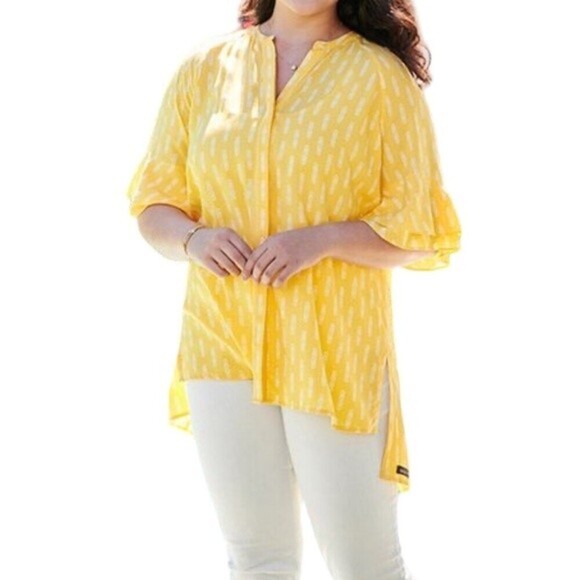 Matilda Jane yellow button down short sleeve tunic top size Large - Picture 1 of 11